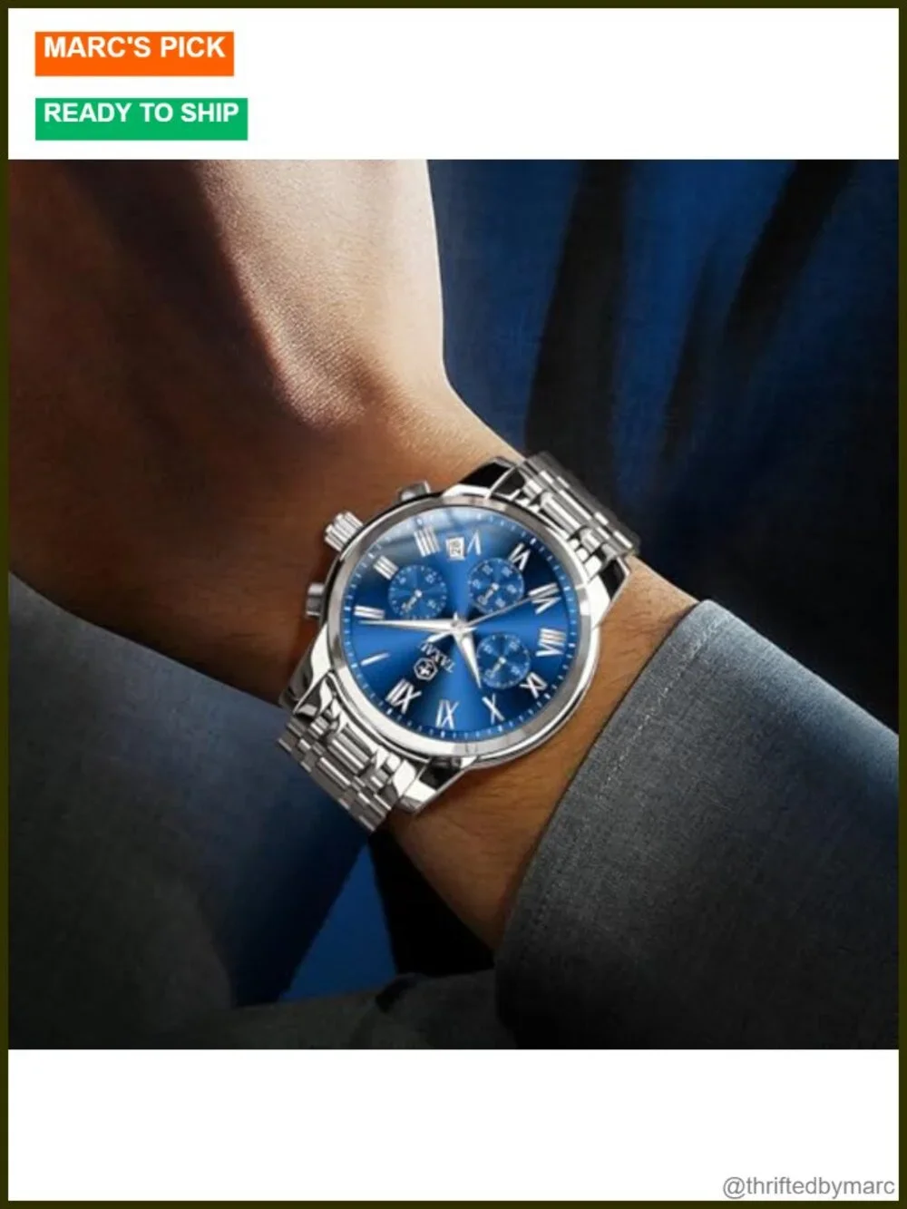 Stainless Steel Mens Watch Day Date Quartz Analog Large Face Luminous Dress